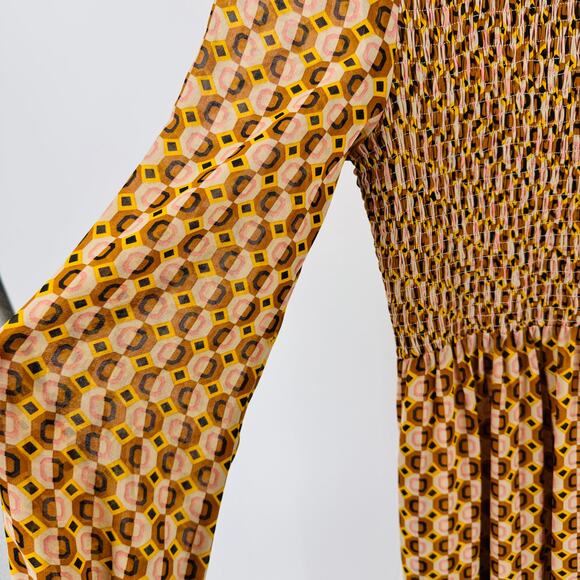 Melloday Smocked Long Sleeve Maxi Dress Retro Geometric Print Brown XS - Picture 11 of 13
